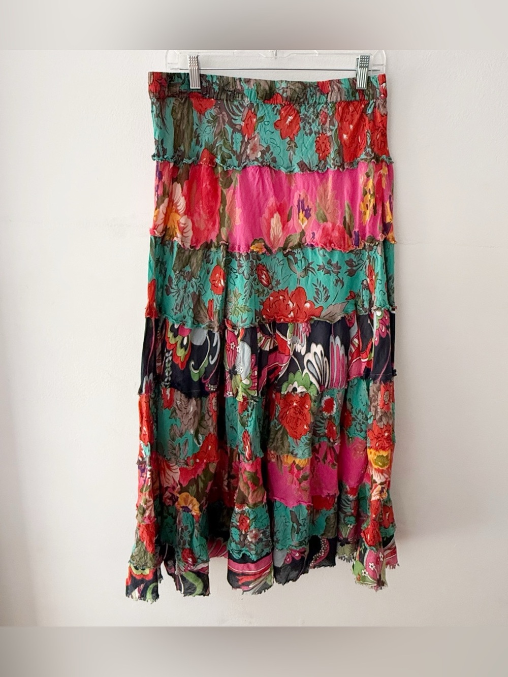 New Directions Women 100% Cotton Patchwork Bright Maxi Skirt Large Boho Hippie